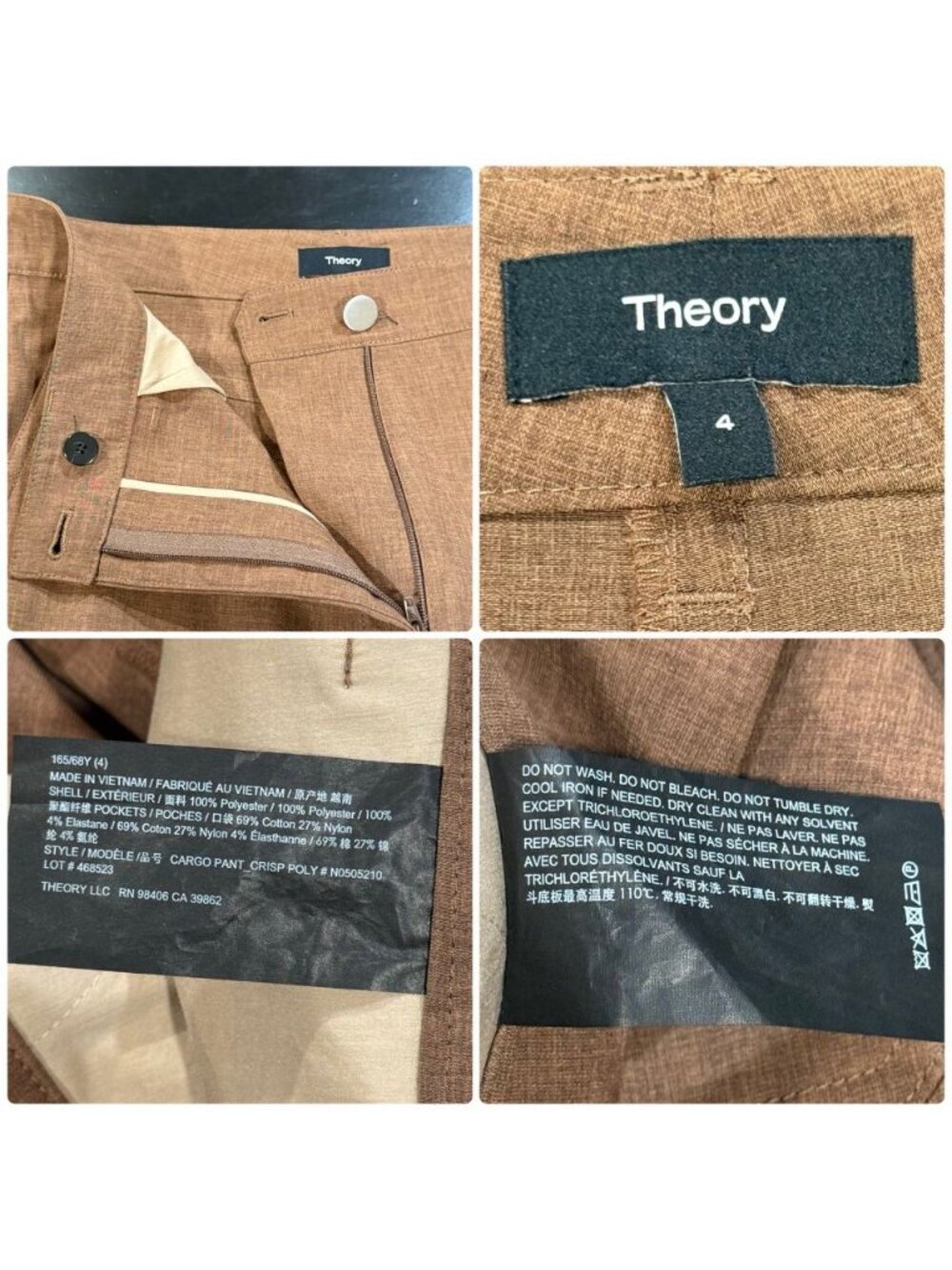 Theory Sz 4 Wide Leg Brown Pecan Cargo Pants Trousers Minimalist Lightweight - Picture 4 of 9
